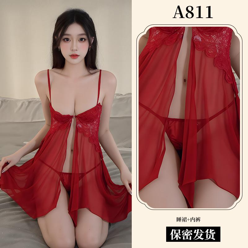 Sexy Lingerie Lace Pajamas Sexy Steel Tray Gathering Front Split Nightdress Women's Uniform A Mesh Suspender