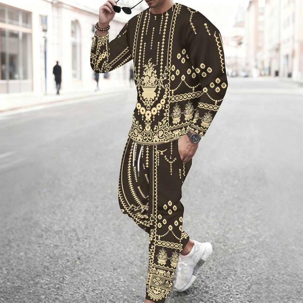 Men Dark Base Vintage Golden Ornate Floral Garland Print Long Sleeve Sweatshirt Jogger Pants Two Piece Suit