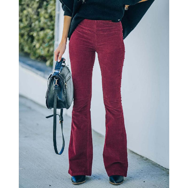 2026 Spring/Summer Women's Solid Color High-Waisted Slim Fit Slight Flare Corduroy Elastic Waist Casual Pants