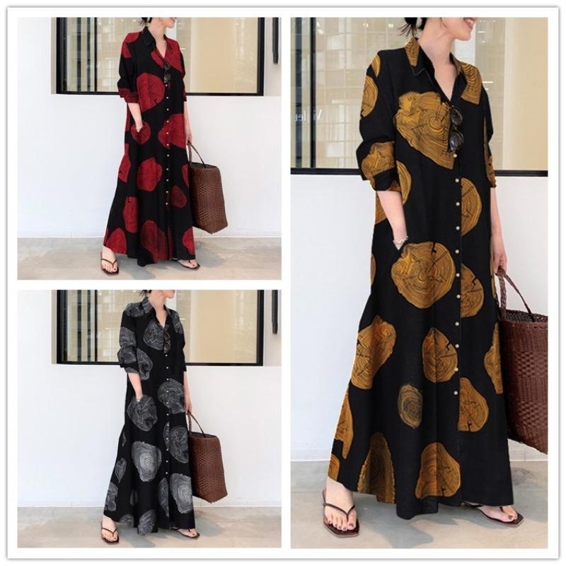 Cotton and linen printed lapel collar long sleeve pocket long shirt dress style loose waist