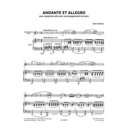 Andr? Chailloux: Andante and Allegro (Saxophone, Piano) Alphonse Leduc Publishing