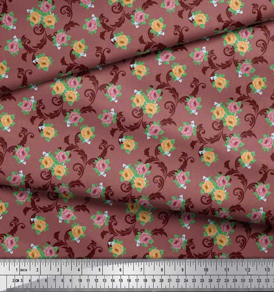 Soimoi Japan Crepe Satin Fabric Swirl,Leaves & Rose Floral Printed Fabric 1 Metre 42 Inch