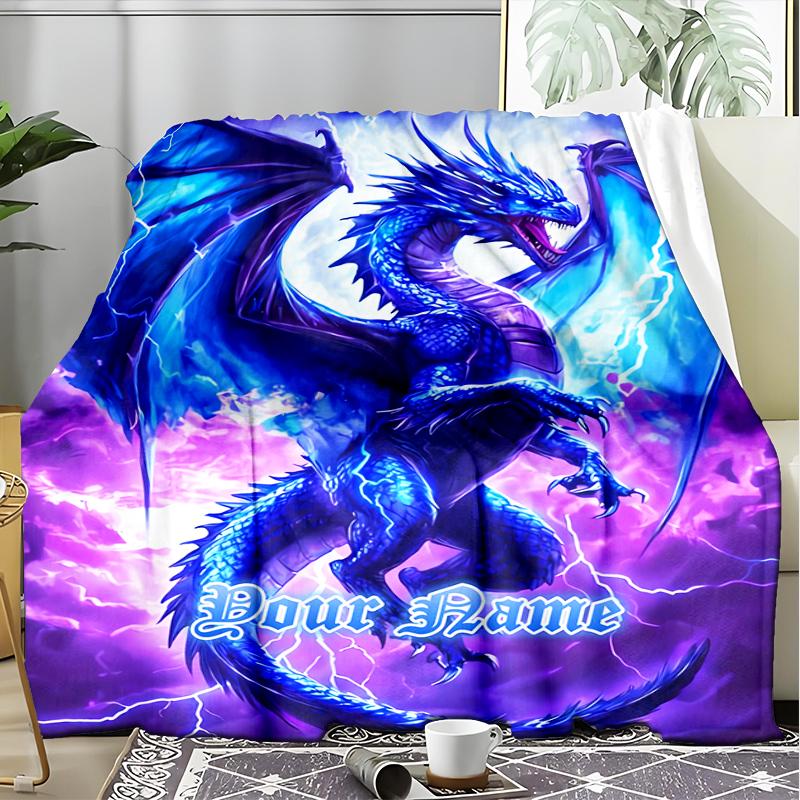 1PC Custom Name Blue Dragon Thunderstorm Outdooor Flannel Blankets Patterns Throw Blanket All-Season Soft Gift for Couch, Bed, Camping Gifts