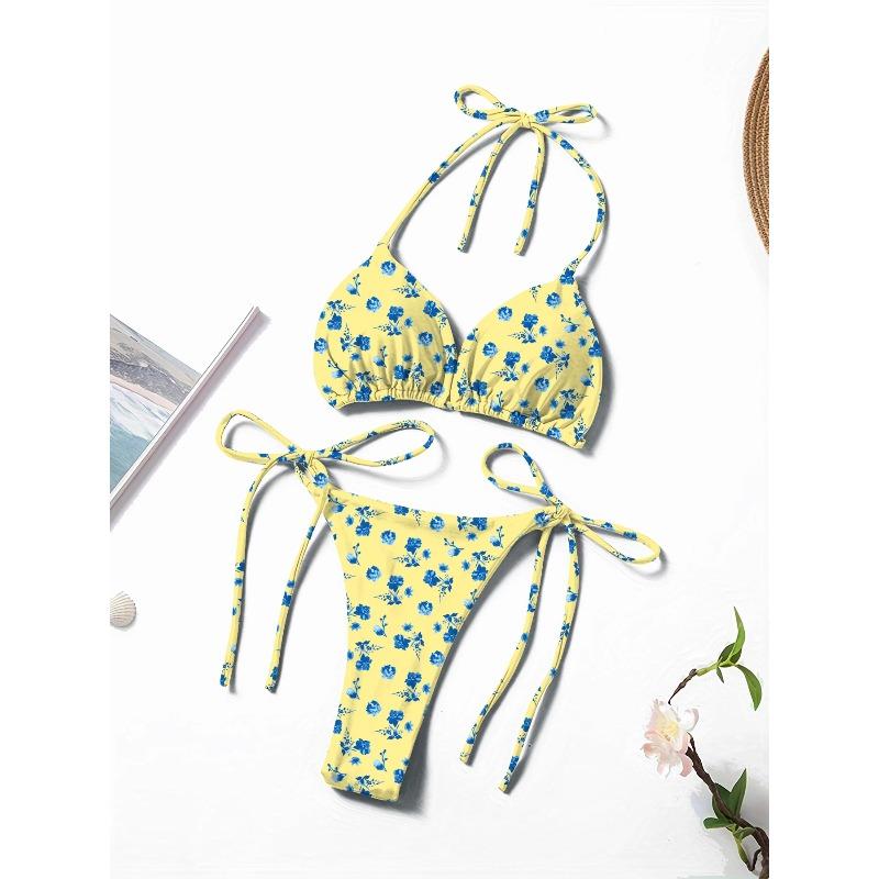 New Style Printed Fresh and Stylish Tie-Neck Sexy and Fashionable Women's Two-Piece Bikini Swimsuit