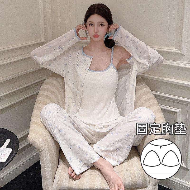 

D Spring new three-piece pajamas women s thin strip Modal cotton sexy sweet loungewear spot M
