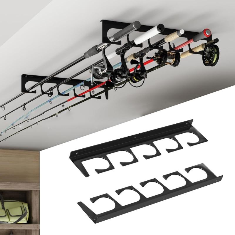 Horizontal 5-Rod Fishing Rod Holder Wall Ceiling Storage Rack Wall Mounted Fishing Poles Rack Easy Installation
