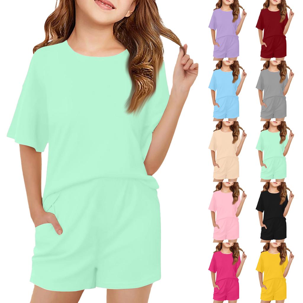 Girls Short Sleeve T Shirt and Shorts Set Soft Fabric Round Neck Relaxed Fit Casual Outfit for Kids and Teens