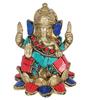 Gemstone Work Brass Ganesha On Lotus Showpiece, Ganesha Idol, Multicolor, Brass