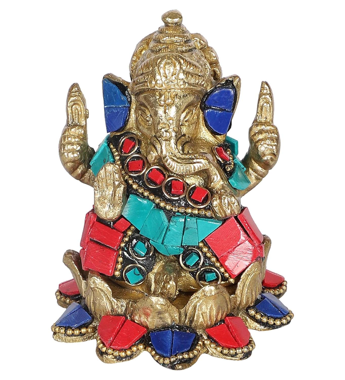 

Gemstone Work Brass Ganesha On Lotus Showpiece, Ganesha Idol, Multicolor, Brass
