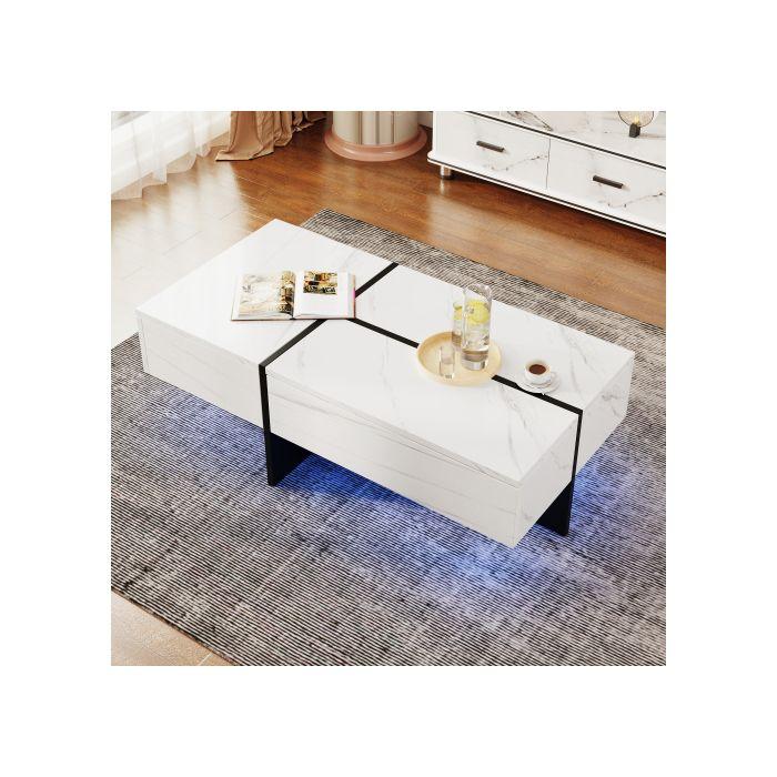 Table Basse - MUVOE - Imitation Marbre Blanc - Éclairage LED - 3 Tiroirs - 100x50x34.5 Cm