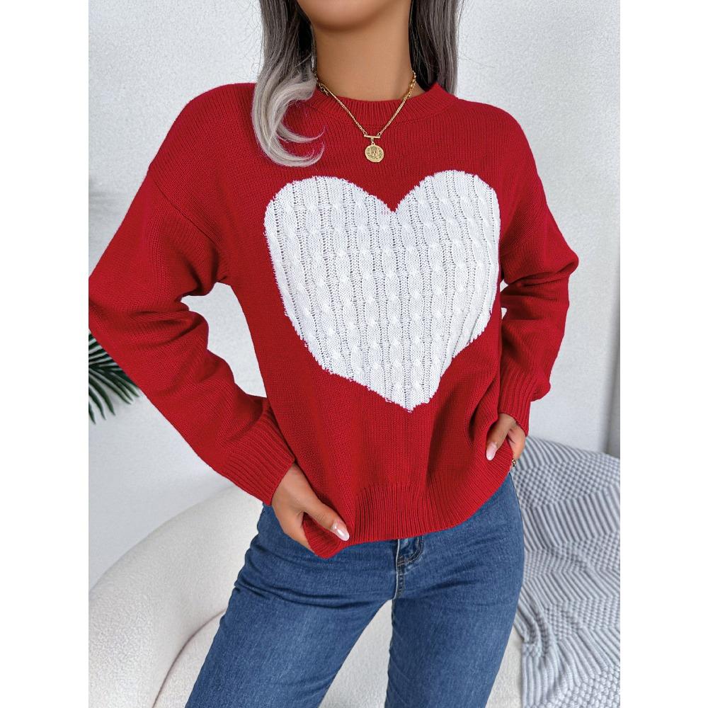 Women's Sweatshirt Autumn/Winter Cable-Knit Heart-Pattern Long-Sleeved Pullover Valentine's Day Ladies' Knitwear