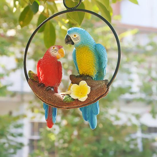 Parrot Pendant, Waterproof Resin Outdoor Garden Decoration with Iron Ring Suspension, Realistic Macaw Pair Hanging Ornament for Balcony Trees Indoor
