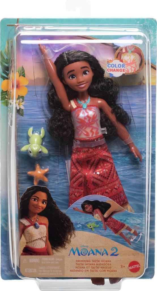 Mattel Disney Moana 2 Toy Swimming Tau Tai Moana Fashion Doll with 2 Bodice Kick Inspired by the Movie Accessories Color-Changing & Legs,