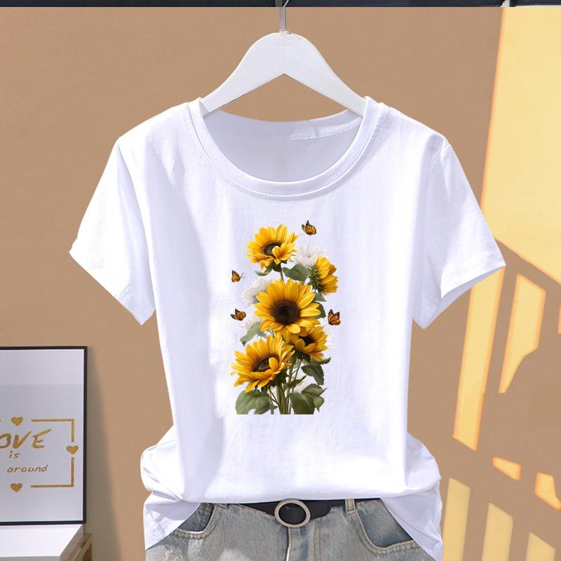 

(Asian Size) flower cute 90s Print O-neck Short Sleeve T-shirts Fashion Female Casual Women s Top T Clothing Graphic Tee S