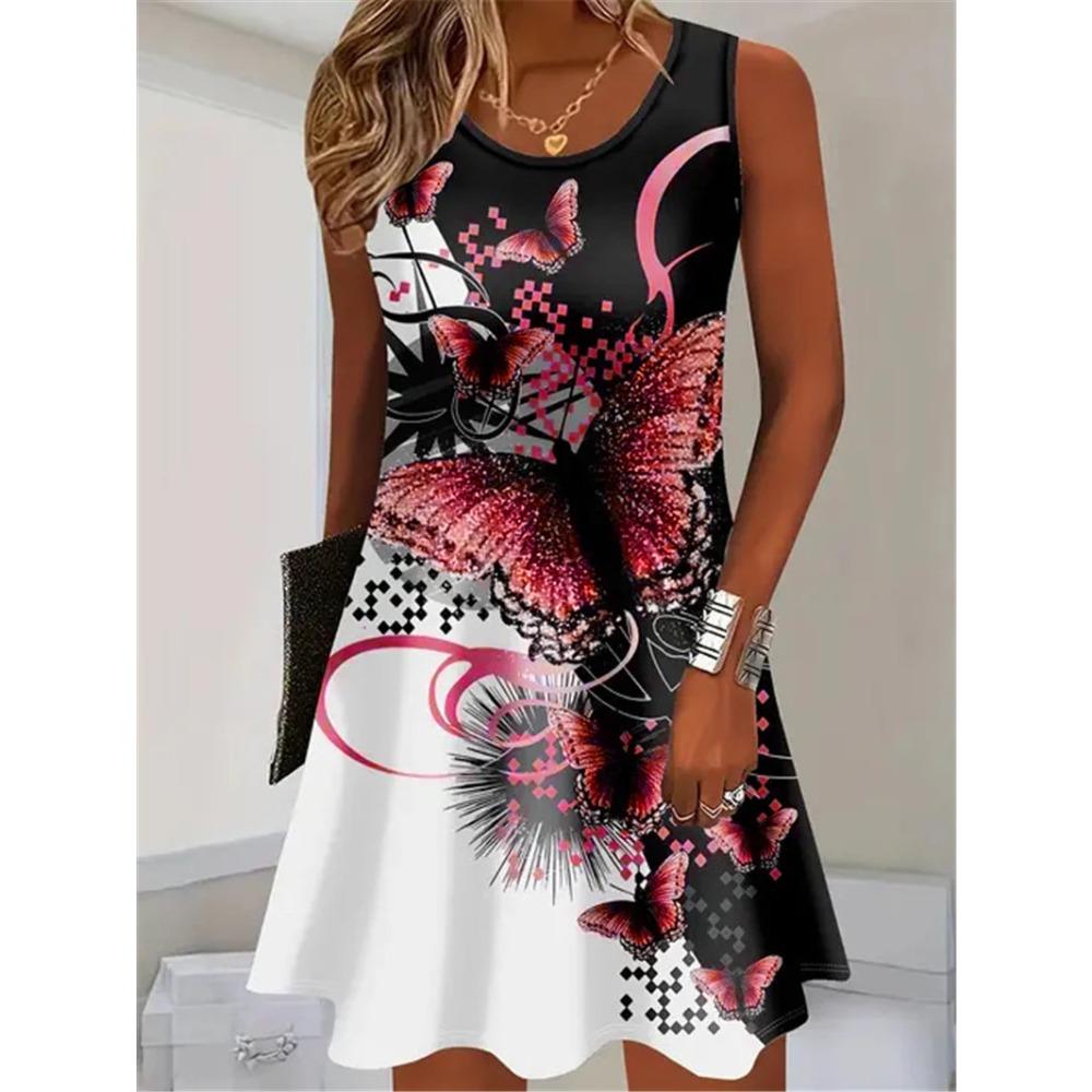 Sleeveless Butterfly Pattern Fashion Women Mini Dresses Summer 3D Printed Elegant Ladies Dress Pocketless Loose Plus Size Dress