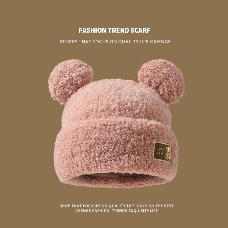 Cute bear wool hat women's winter plush warm fluffy autumn and winter big head circumference knitted hat