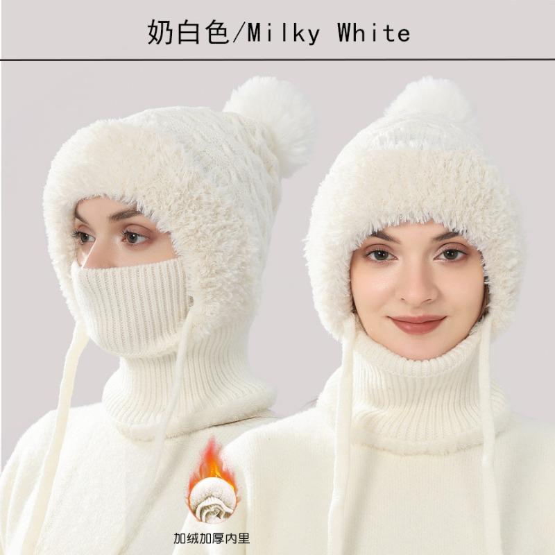 Knitted hat women's winter one-piece scarf wool hat outdoor cycling windproof plush thickened one-piece hat
