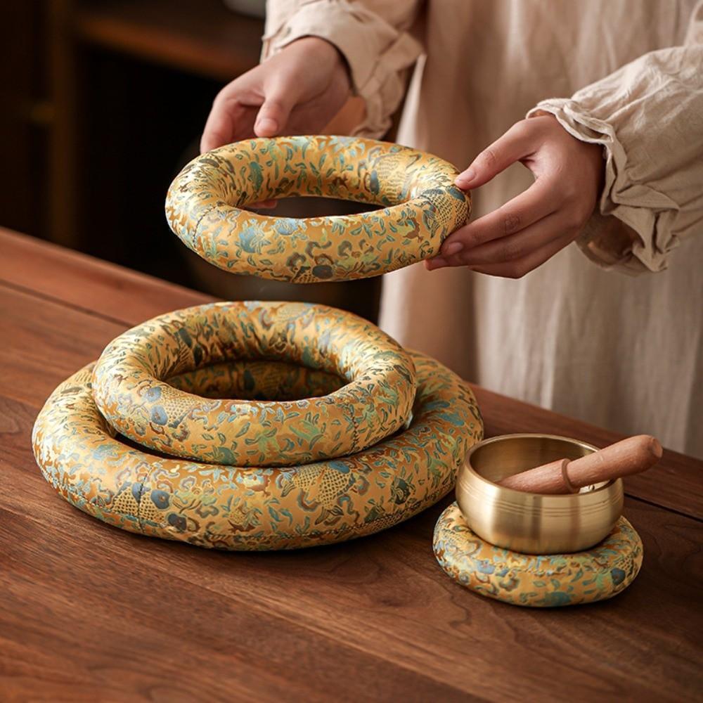 Donut Shape Singing Bowl Mat Nepalese Wooden Fish Coaster Sound Copper Out Mat  Meditation