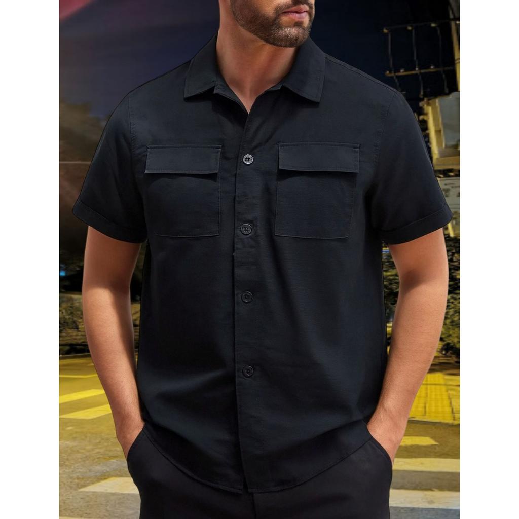 Camicia Estiva alla Moda da Uomo con Doppia Tasca - Camicia Casual Sportiva da Uomo con Bottoni a Maniche Corte