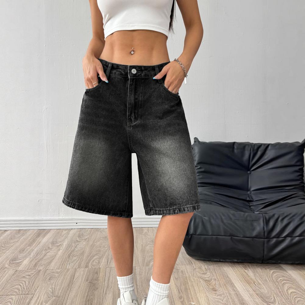 Summer Women's Denim Shorts High Waist Knee Length Loose Pants Wide Leg Loose Denim Shorts with Pockets