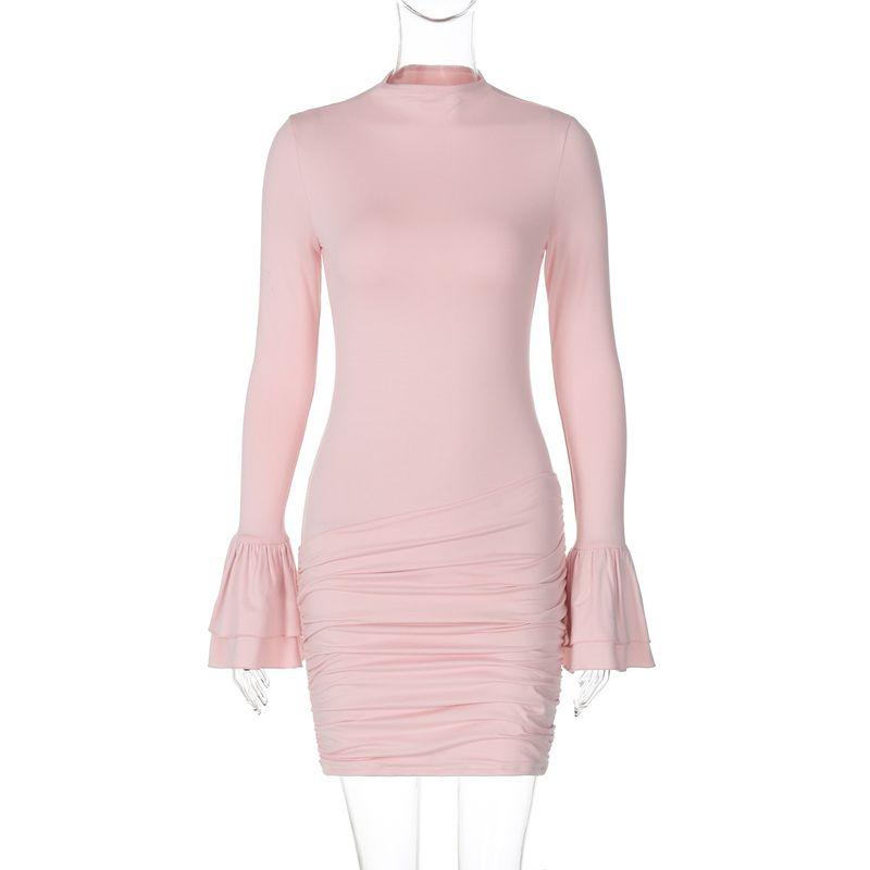 

round Neck Pleated Flared Sleeve Dress round Neck Pleated Flare Sleeve Dress Pink L