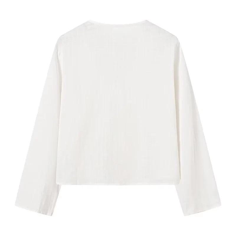 2025 Sommer Hvite Snøreskjorter for Kvinner Elegant Løs Langermet V-hals Bluse Dame Ensfarget Casual Street Chic dame Topper