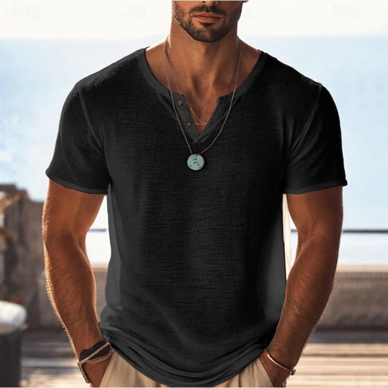 Men's Solid-Color Lightweight Breathable V-Neck Casual Short-Sleeve T-Shirt for Spring