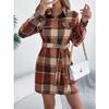 HNXC Autumn and Winter Casual Checkered Fake Pocket Long-sleeved Lace-up Woolen Shirt Dress for Women Dress