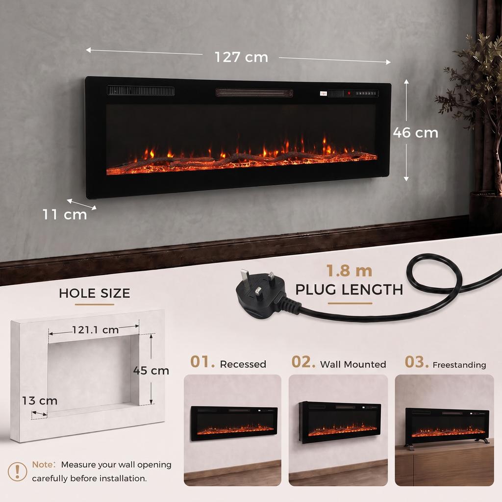 3 IN 1 Slim Electric Fire, Wall Mounted/Recessed/Freestanding, Electric Fireplace with 12 Flame Colours, 5 Brightness