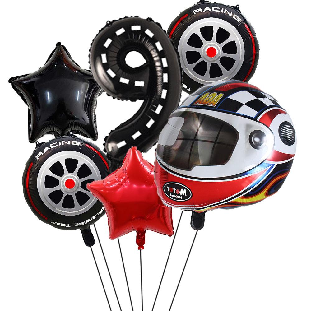 6PCS Motor Helmet Balloon Wheel Tire Racing Balloons Birthday Decor Boys Race Car Dirt Bike Motorcross Hot Wheel Party Supplies