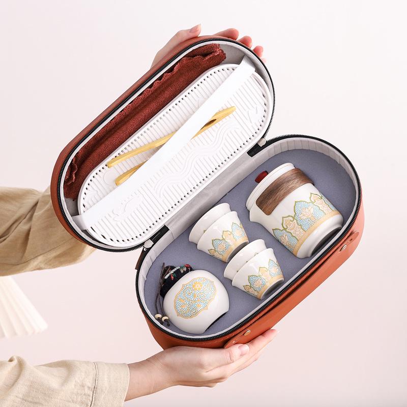Portable Travel Kung Fu Tea Set: Compact Ceramic Teapot & Gaiwan for Outdoor Camping and Tea Enjoyment. Perfect Gift for Tea Lovers.