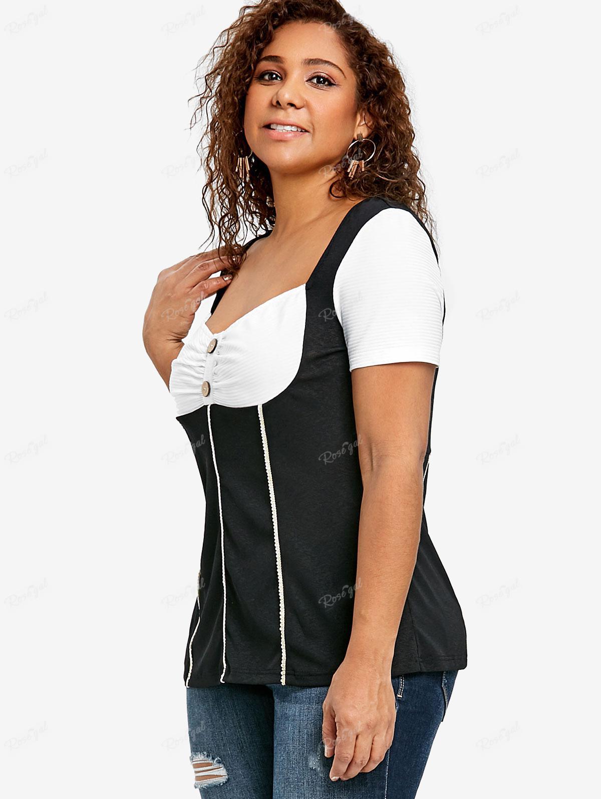 Rosegal Большие размеры Двухцветная футболка с пуговицами и рюшами в форме сердца M чёрный — фото 3