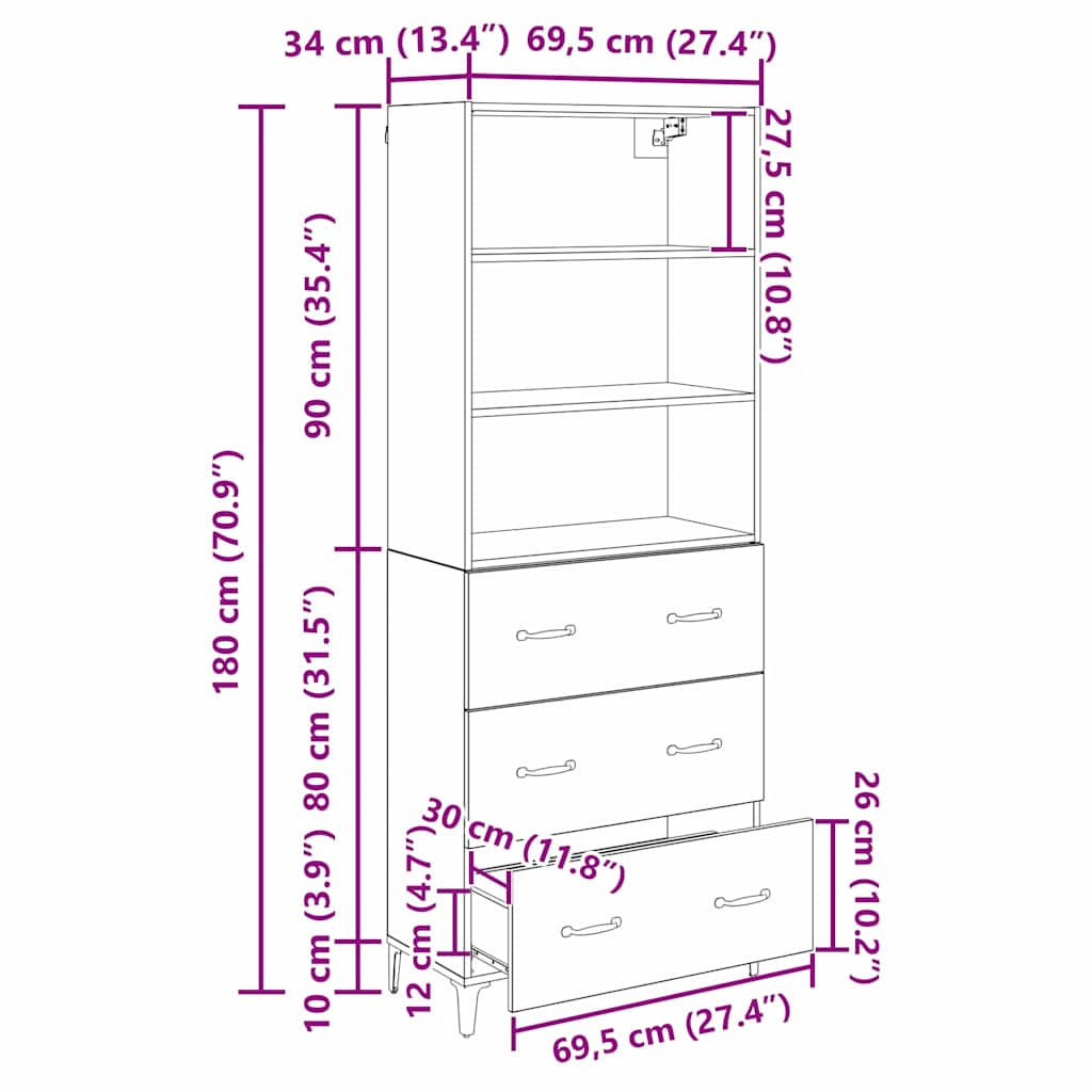 Highboard Artisan Oak 69.5 x 34 x 180 cm Particleboard