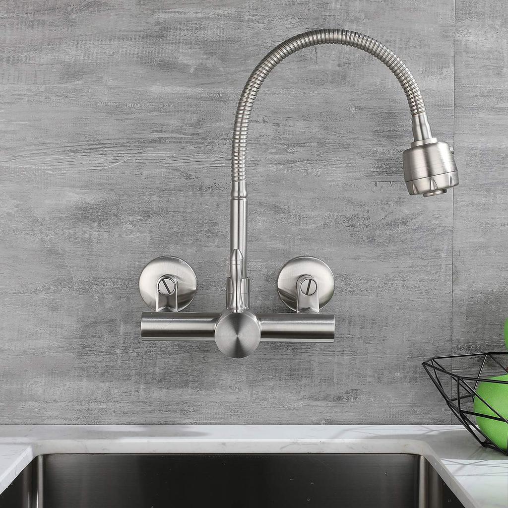 WAZZJ Kitchen Wall Faucet Brushed Nickel Wall Mounted Faucet 3" to 9" Adjustable Spread