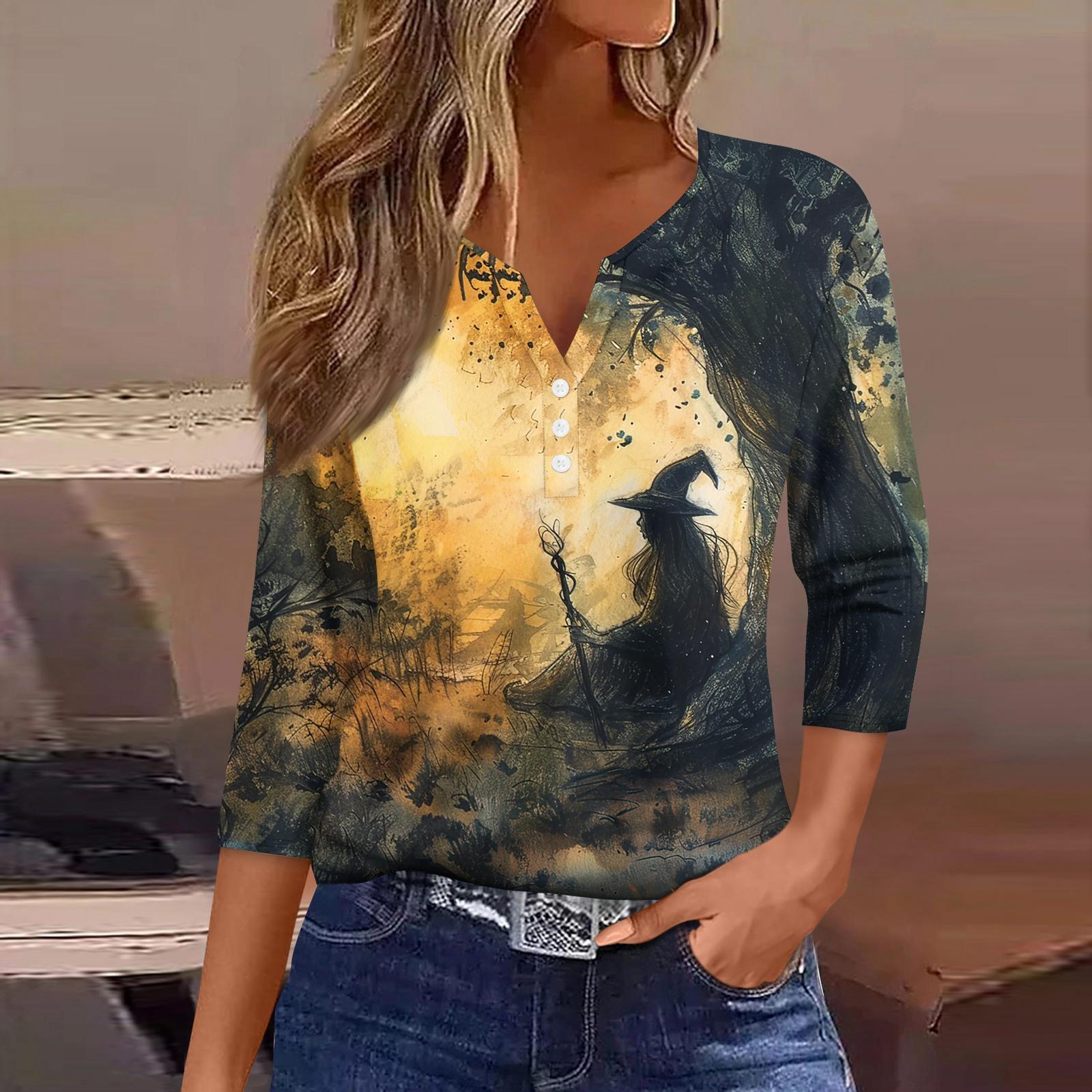 

Женская футболка с принтом на Хэллоуин, на пуговицах, рукав 3/4, повседневная мода на выходные, базовый топ с V-образным вырезом XL жёлтый