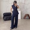 Women's Short Sleeve Belted Blazer and Wide Leg Pants Suit Set Black Casual Outfit