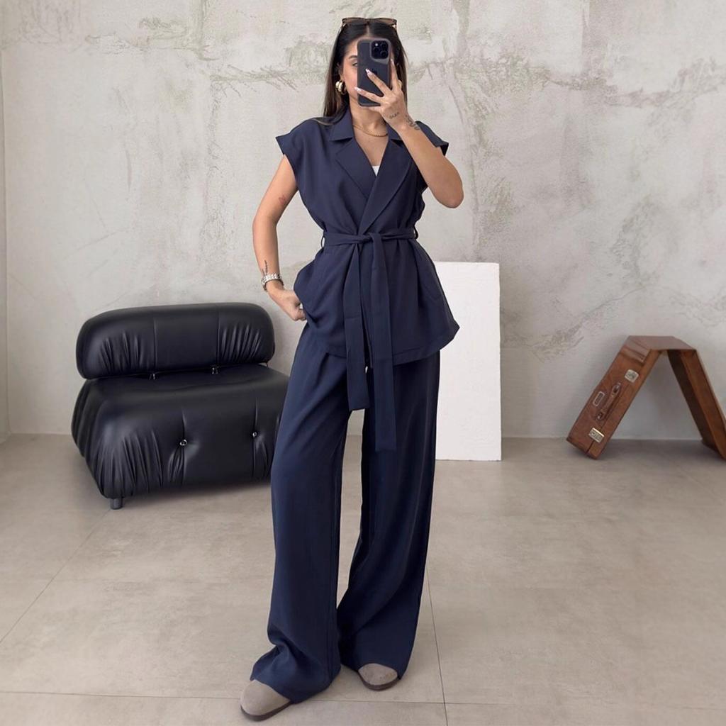 Women's Short Sleeve Belted Blazer and Wide Leg Pants Suit Set Black Casual Outfit