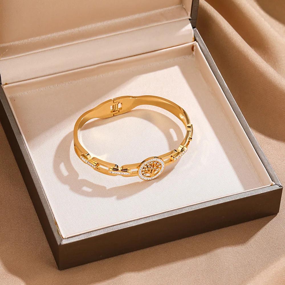 Luxury Stainless Steel Tree of Life Bracelet For Women Men Golden Cubic Zircon No Fade Color Lucky Cuff Bangle Jewelry