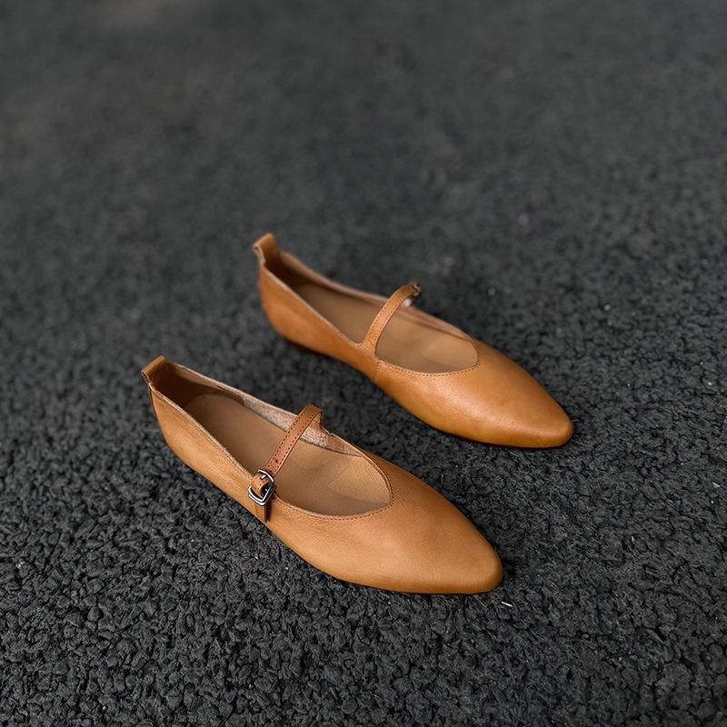 Johnature Retro Buckle Strap Pointed Toe Soft Soled Soft Cowhide Women's Genuine Leather Flats Shoes