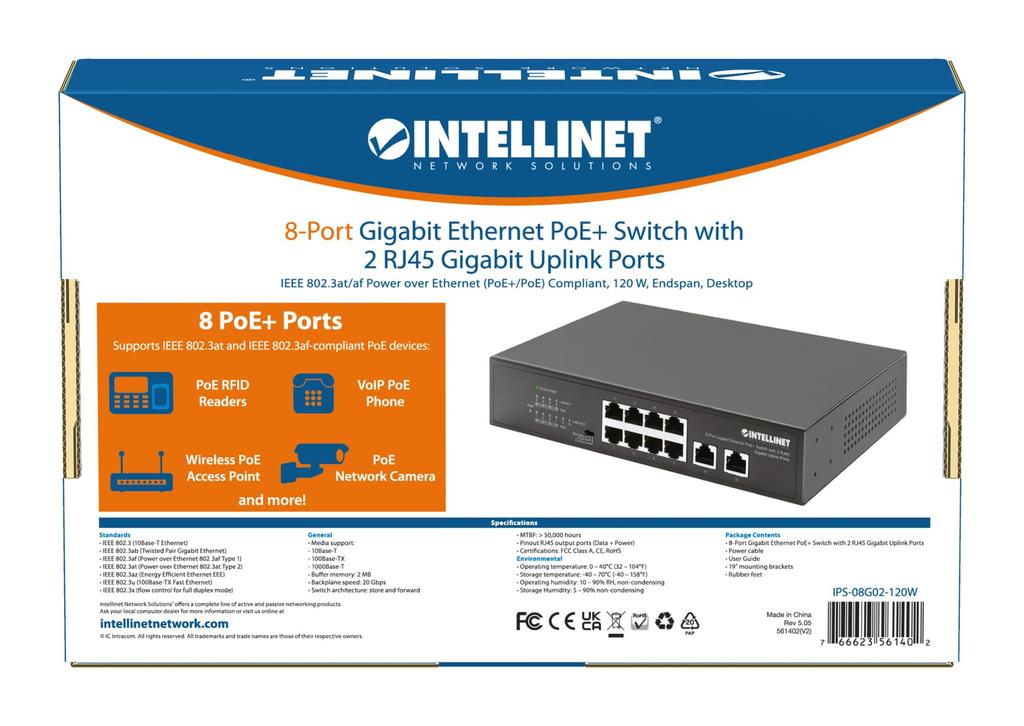 Intellinet Network Solutions Gigabit Ethernet Switch with 2 RJ45 Gigabit Uplink IEEE Power Over Ethernet 120 Desktop 8-Port PoE+ Ports, 802.3at/af