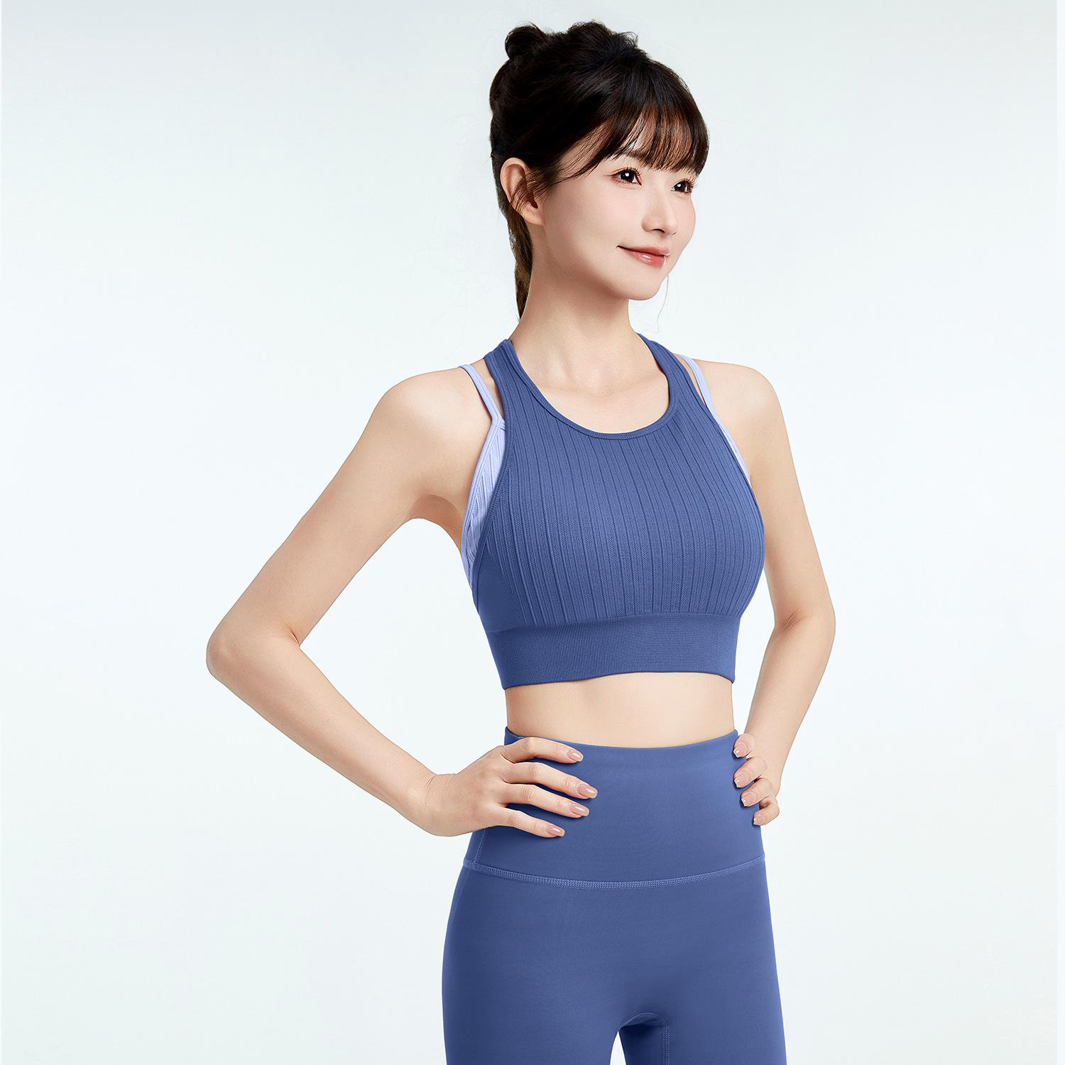 

Жіночий спортивний бюстгальтер з високою інтенсивністю, швидковисихаючий, з фіксованою чашкою - дихаючий топ для йоги з красивим дизайном спини Large сірий колір/синій