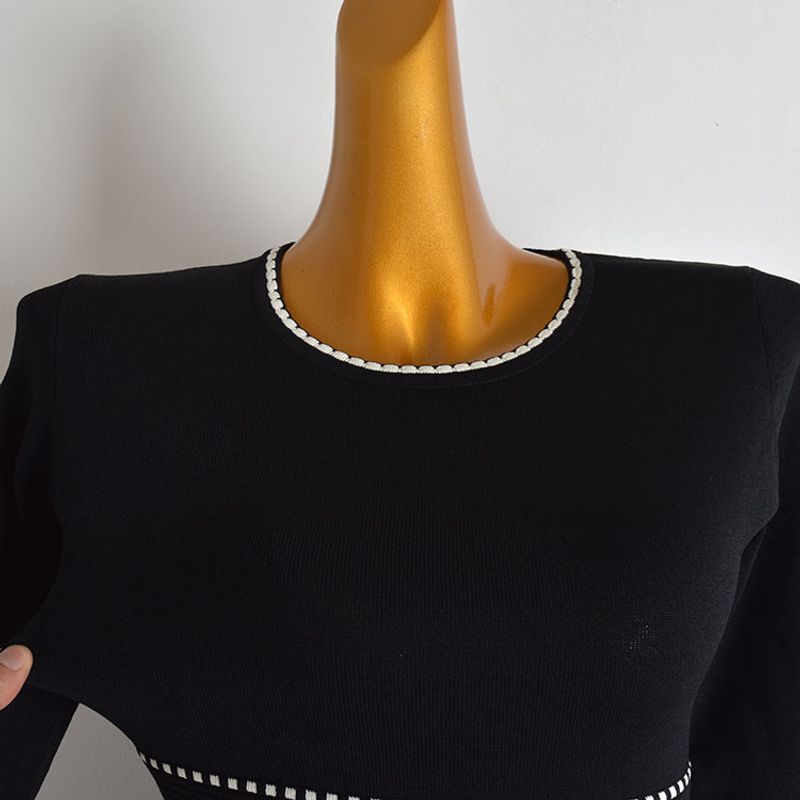 Retro Color-Block Crew Neck Knitting Dress Women's Clothing Spring and Summer Waist-Tight Slim Looking Mid Length Long Length Sheath A- line Skirt