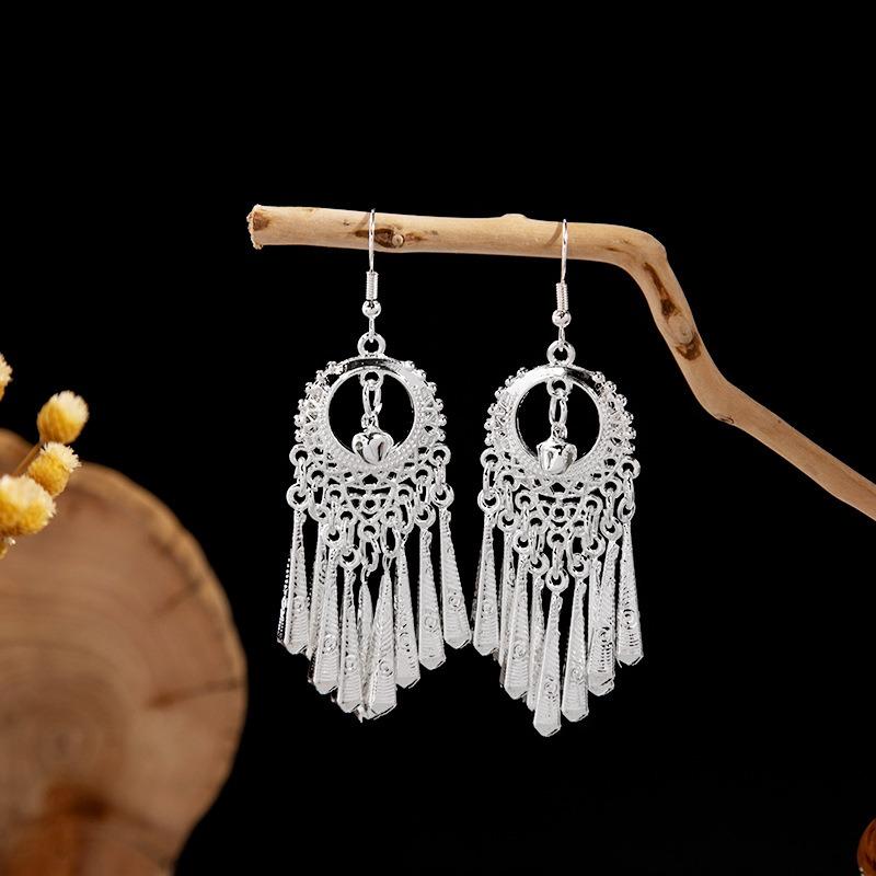 Miao geometric bells, fringed earrings, minority earrings, bohemian long leaf earrings