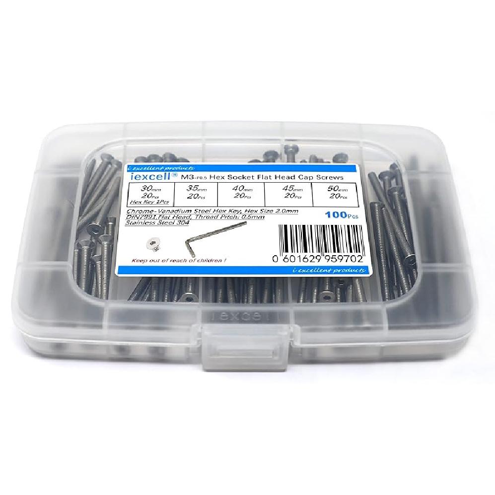 iExcell 1500 Pcs M3 x 4/6/8/10/12/16/20/25/30/35/40/45/50 Stainless Steel 304 Hex Socket Flat Head Cap Screws Blots Nuts Washers Assortment Kit