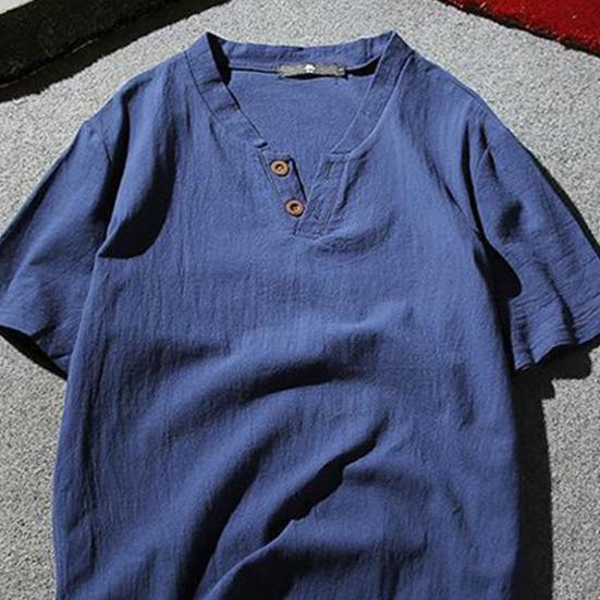 Men T-shirt Short Sleeves V Neck Button Solid Color Slim Fit Cotton Linen Summer Casual Male Tee Shirt Top Daily Wear
