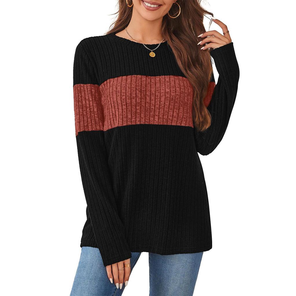 Women's Sweater Fashion Ribbed Color Block Top Long Sleeve Round Neck T-shirt
