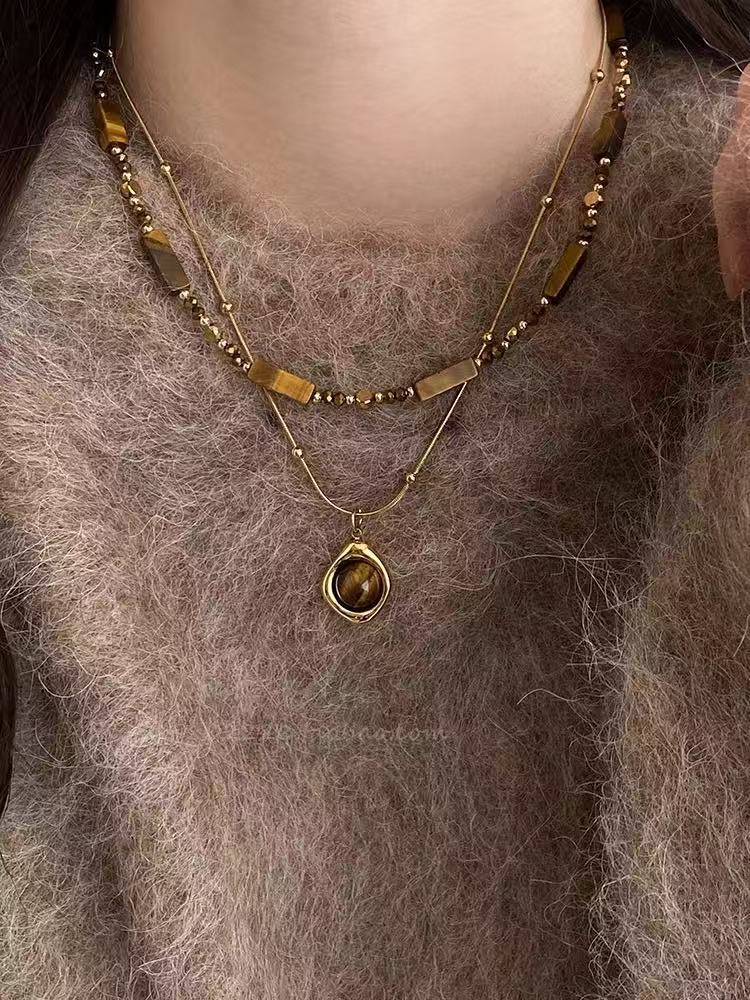 Maillard Tiger's Eye Stone Sun Pendant Necklace Retro Temperament Daily Commuter Collarbone Chain Light Luxury Niche Necklace Women
