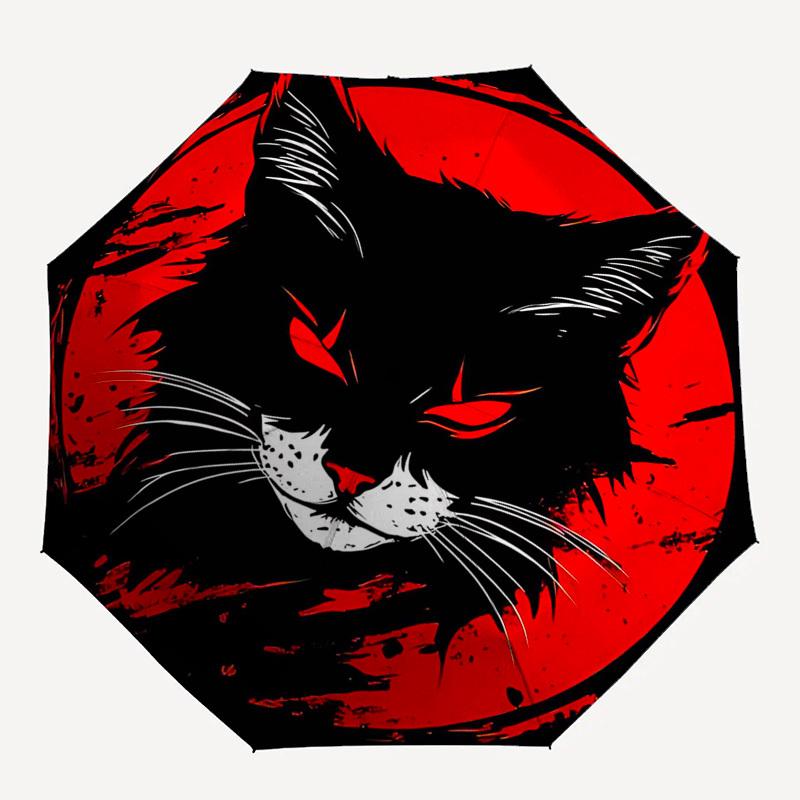 1pc Black Cat Red Moon Auto Open Close Umbrella, Portable 3-Fold Design, 8-Bone Iron Frame Outdoor Umbrella, Perfect Gift for Fans, Travelers, Daily U