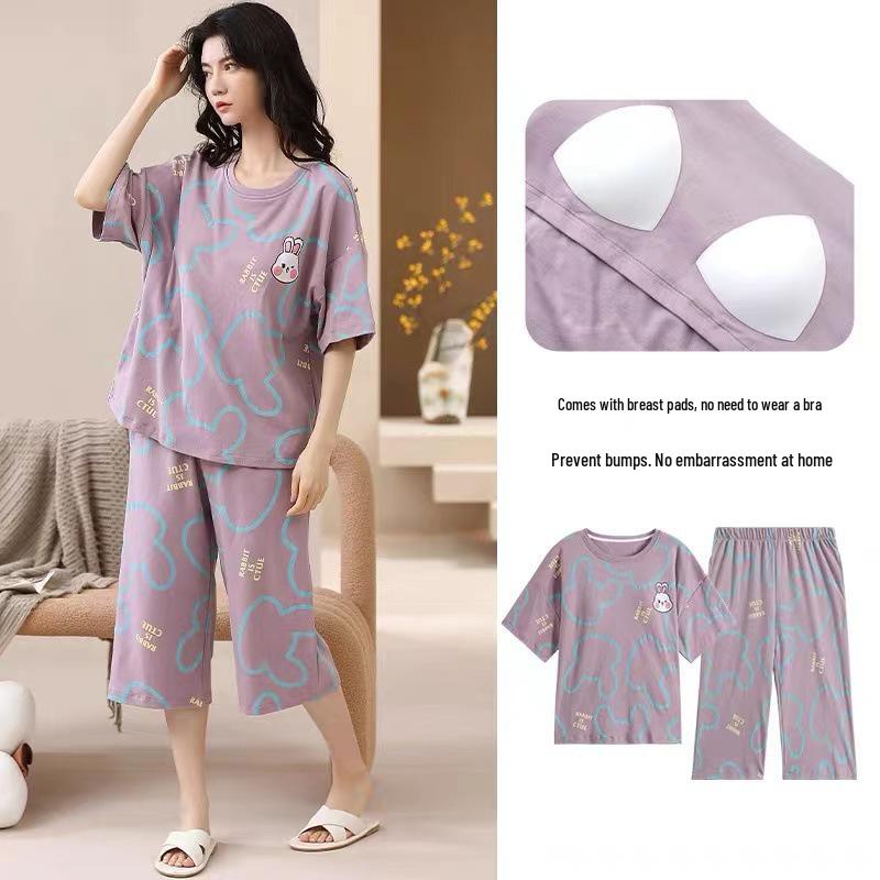 Korean Style Women's Summer Pajamas: Sweet Two-Piece Set with Short Sleeves, Cropped Pants, and Round Neck
