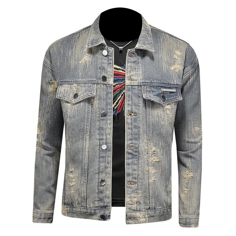 Men's Retro Ripped Washed Jacquard Denim Jacket - Casual & Cool